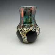 raku vase with aspen trees in teal, gold, white and black colors