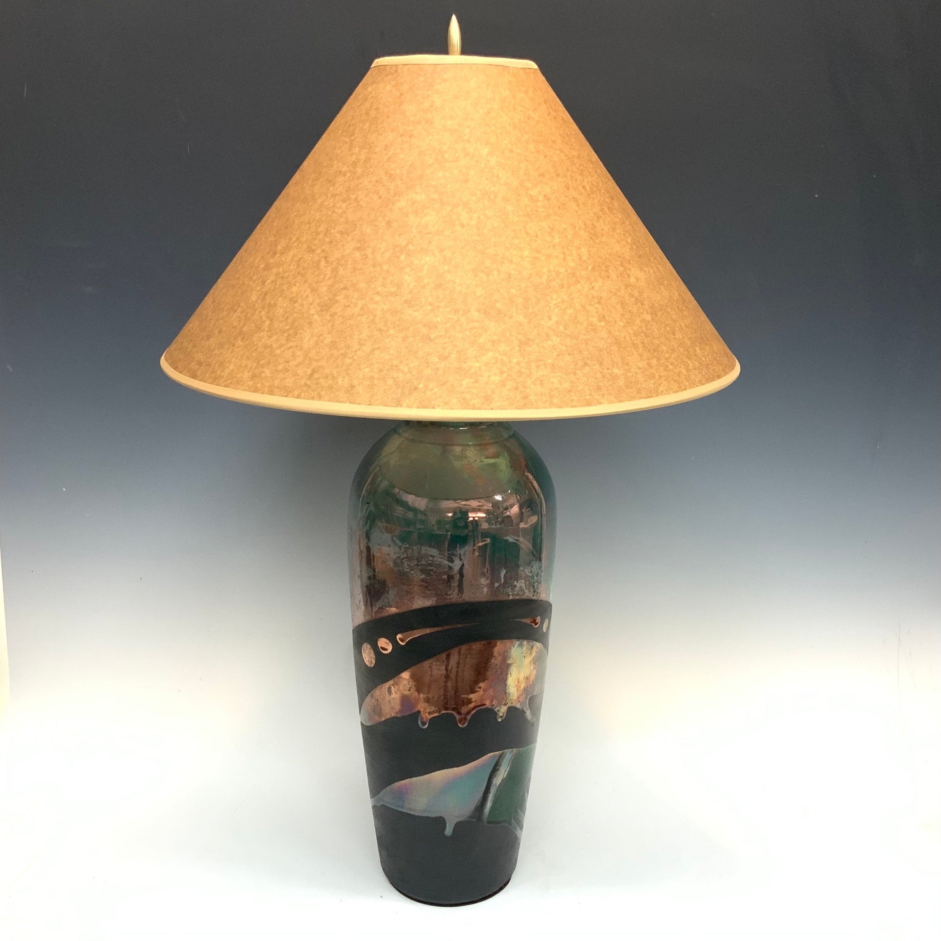Raku lamp in teal and coppers