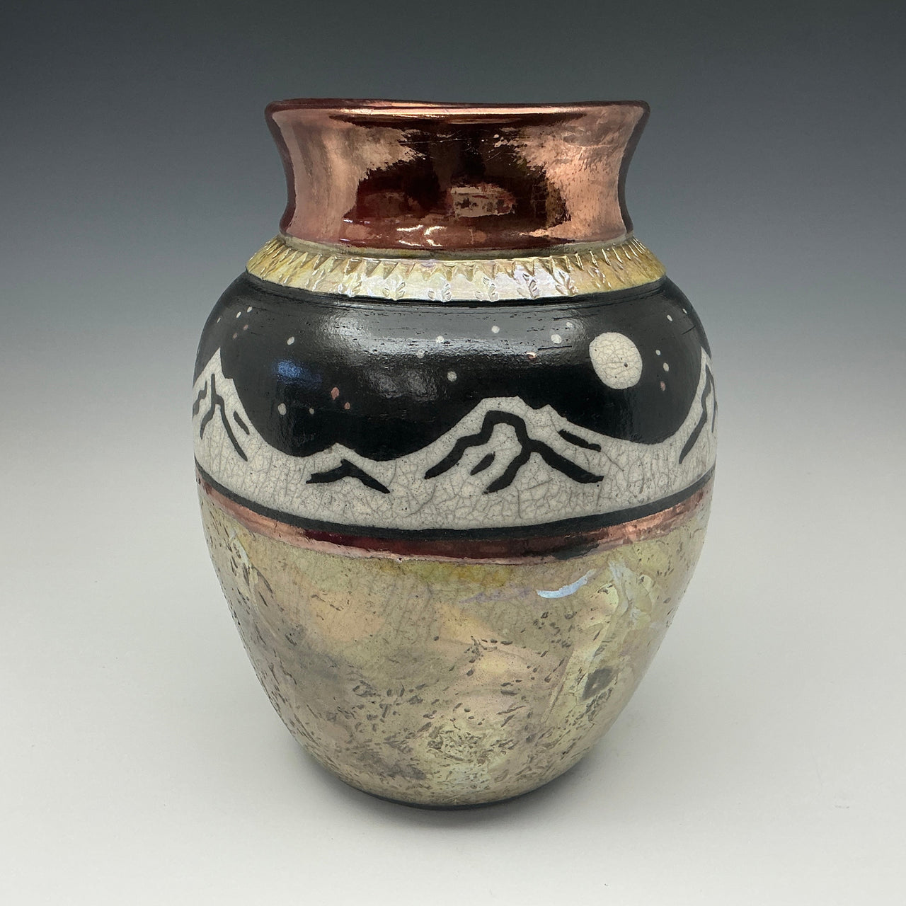 Large Vase in Gold with Mountains under a night sky