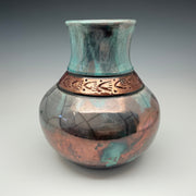Large teal vase with copper bear prints