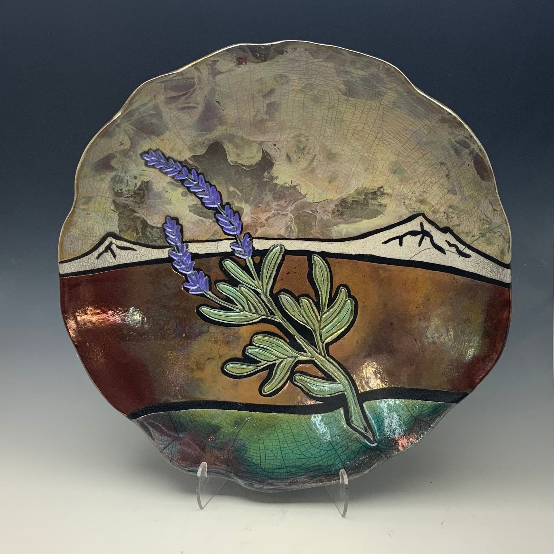 Raku plate with lavender flowers