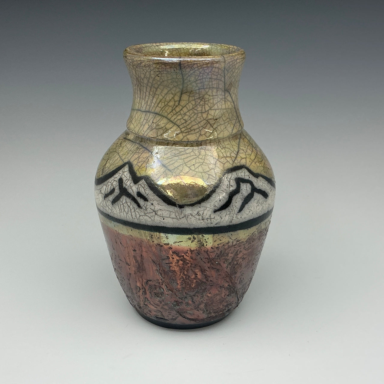 Raku vase with Mountains with a gold sky