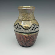 Raku vase with Mountains with a gold sky