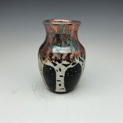 raku vase with aspen tree design done in white, gold and copper colors